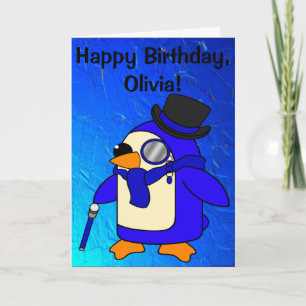 Birthday Penguin Ultramarine Blue Customisable Card