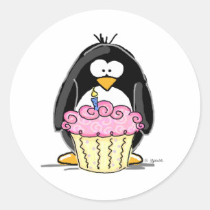 Birthday Penguin with Cupcake Classic Round Sticker