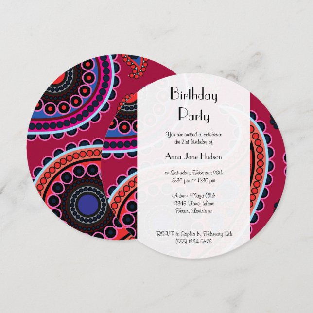 Birthday - Persian Paisley, Dots - Red Blue Pink Invitation (Front/Back)