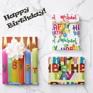 Birthday Personalise Name Happy Colourful 3 Gift  Wrapping Paper Sheet