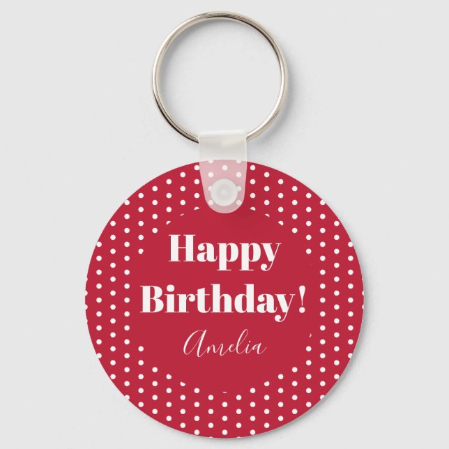 Birthday Personalised Happy Birthday Red Polka Dot Key Ring (Front)
