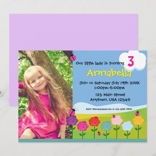 Birthday Personalised Invitation Lady Bug Florals  (Front/Back)