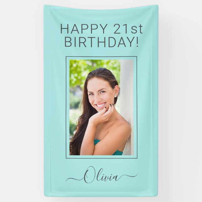Birthday Photo Aqua Blue Teal Script Girly Banner (Vertical)