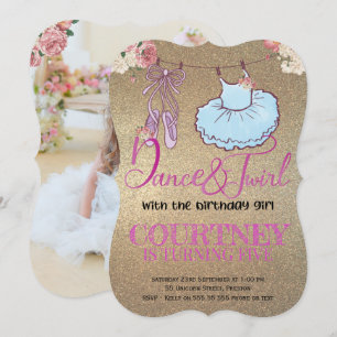 Birthday Photo Ballerina gold glitter Invitation