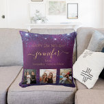 Birthday photo best friend purple blue gold names cushion<br><div class="desc">A gift from friends for a woman's 21st birthday, celebrating her life with 3 of your photos of her, her friends, family, interest or pets. Personalise and add her name, age 21 and your names. Golden coloured letters. A chic feminine purple background colour. The purple colour is uneven. Decorated with...</div>