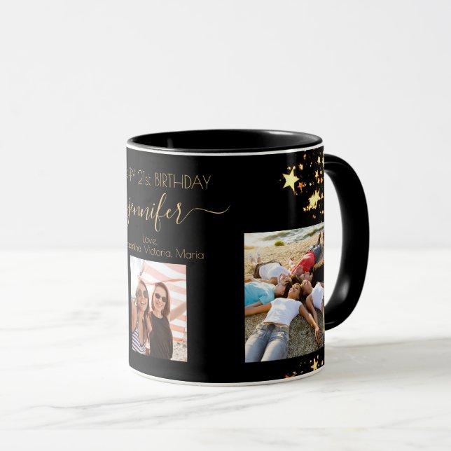 Birthday photo best friends black gold stars mug (Front Right)