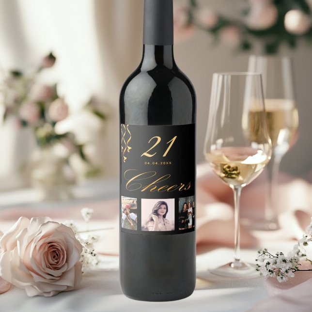 Birthday photo black gold cheers script wine label (Creator Uploaded)