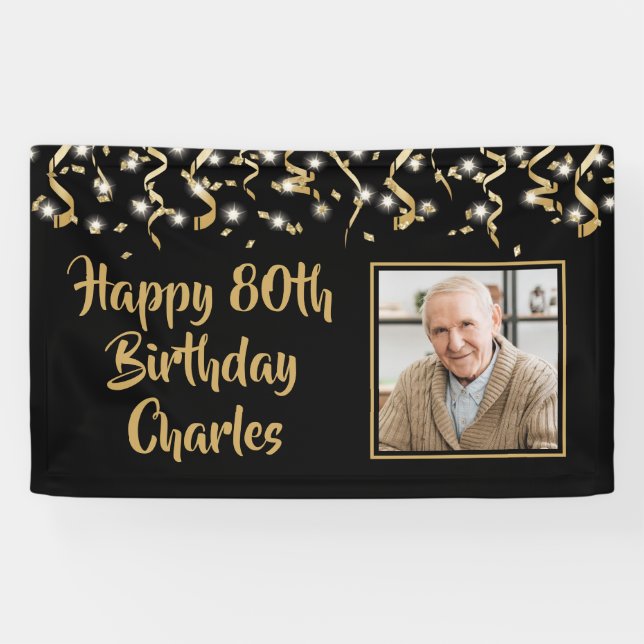 Birthday Photo Black Gold Confetti Streamers Banner (Horizontal)