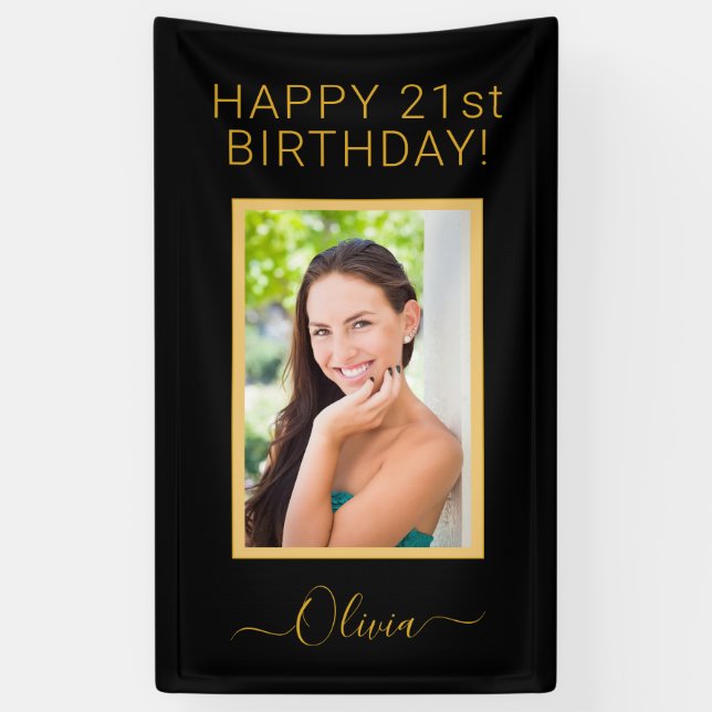 Birthday Photo Black Gold Script Girly Banner (Vertical)