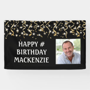 Birthday Photo Black Gold Streamers Personalised Banner