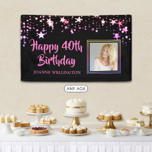 Birthday Photo Black Pink Stars Personalised Banner