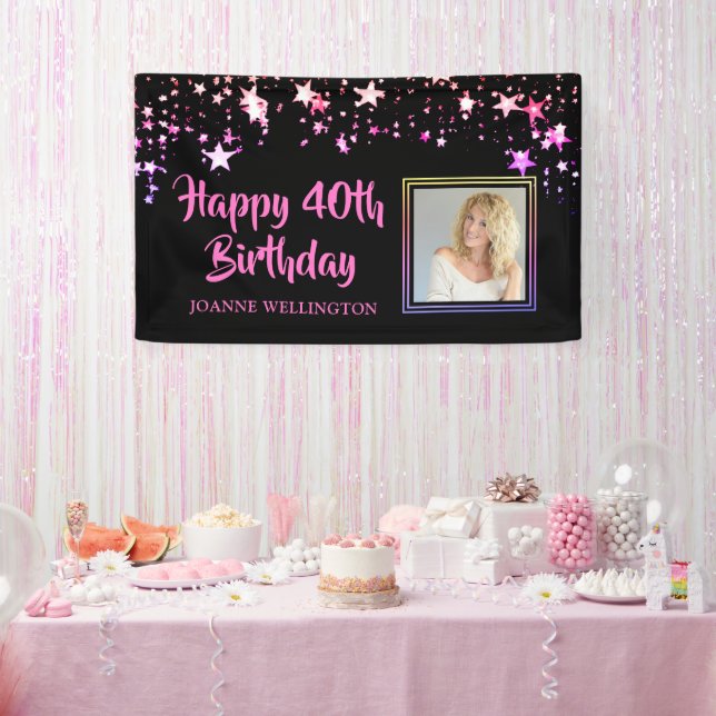 Birthday Photo Black Pink Stars Personalised Banner (Party)