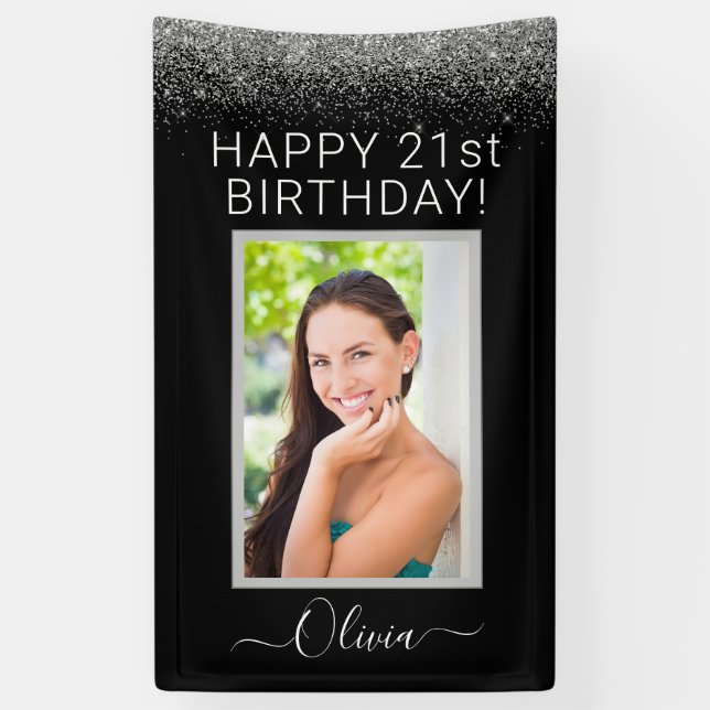 Birthday Photo Black Silver Glitter Girly Banner (Vertical)