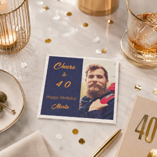 Birthday photo blue gold cheers men napkin
