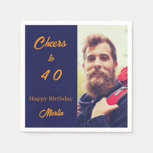 Birthday photo blue gold cheers men napkin