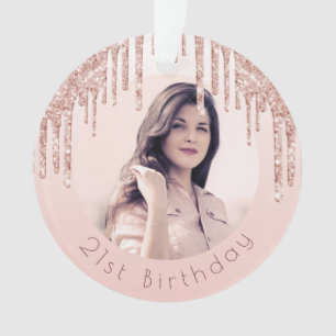 Birthday photo blush pink rose gold drips  ornament