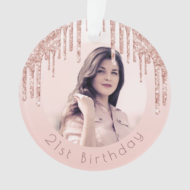 Birthday photo blush pink rose gold drips  ornament (Front)