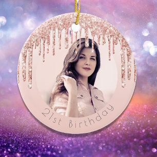 Birthday photo blush pink rose gold glitter ceramic tree decoration