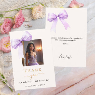 Birthday photo bow lavender ivory thank you card