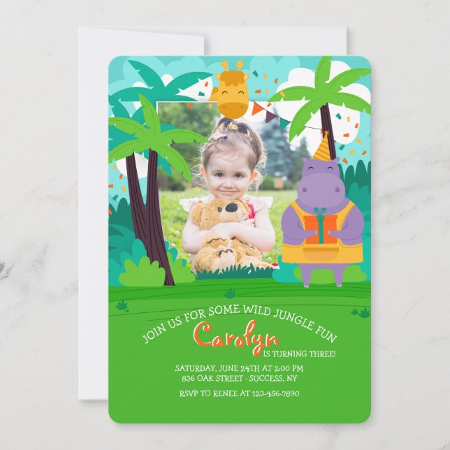 Birthday Photo Card With Jungle Animals Invitation (Front)