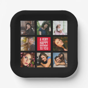Birthday Photo Collage Black and Red Paper Plate