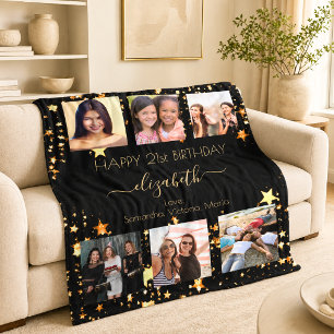 Birthday photo collage black gold best friends fleece blanket