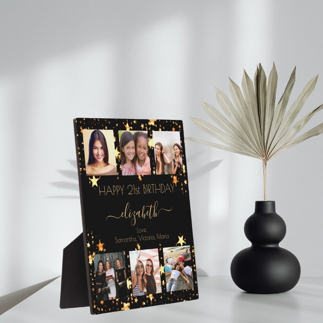 Birthday photo collage black gold best friends plaque (Creator Uploaded)