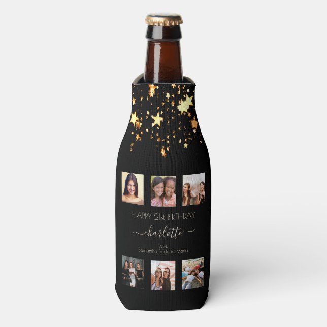 Birthday photo collage black gold stars friends bottle cooler (Bottle Front)