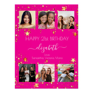 Birthday photo collage hot pink best friends poster