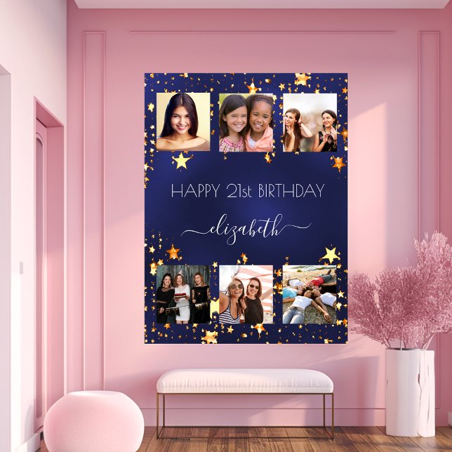 Birthday photo collage navy blue gold stars poster (Creator Uploaded)