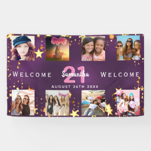 Birthday photo collage purple gold monogram banner