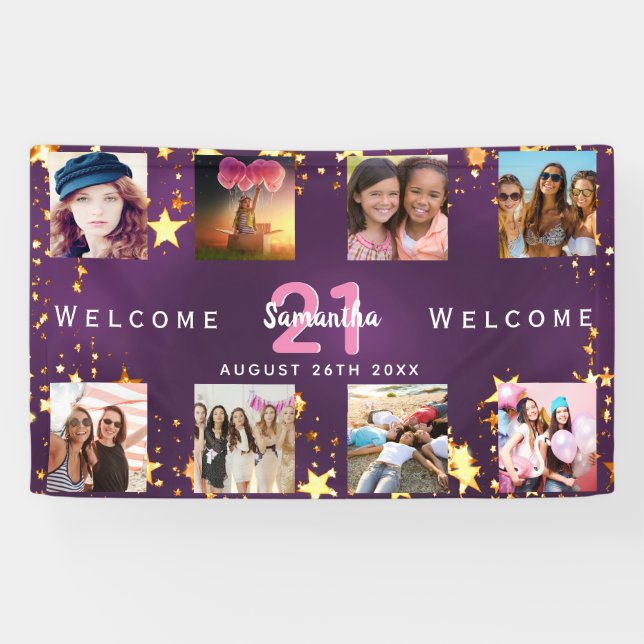 Birthday photo collage purple gold monogram banner (Horizontal)