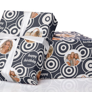 Birthday Photo Collage Retro Circles Dark Grey Wrapping Paper