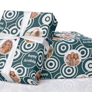 Birthday Photo Collage Retro Circles Teal Green Wrapping Paper