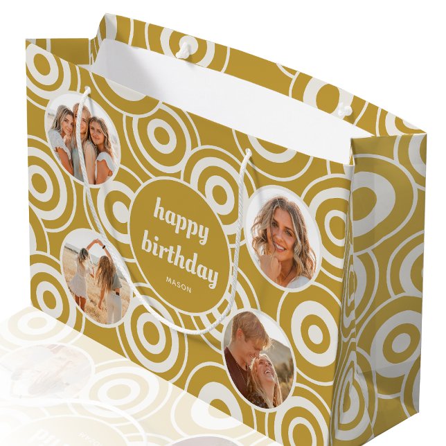Birthday Photo Collage Retro Circles Yellow Large Gift Bag (Creator Uploaded)