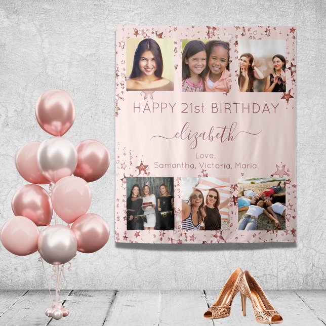 Birthday photo collage rose gold best friends tapestry (Creator Uploaded)
