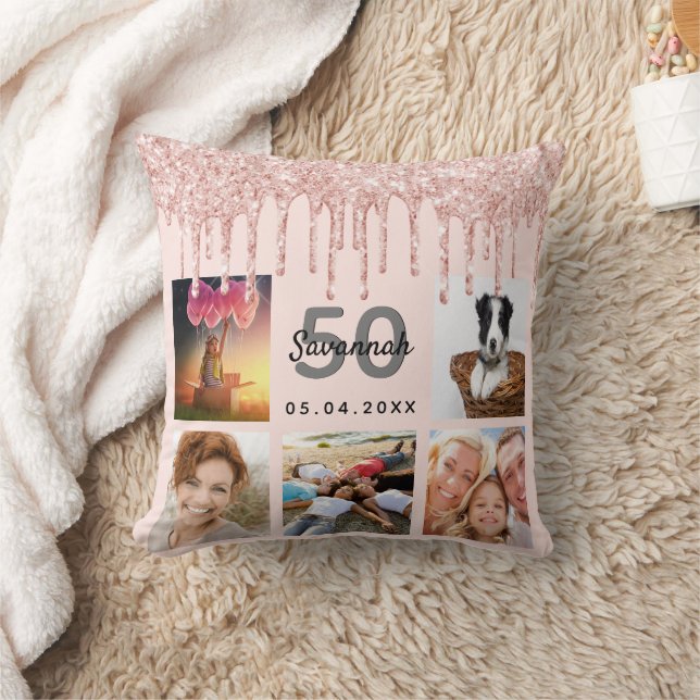 Birthday photo collage rose gold glitter pink cushion (Blanket)