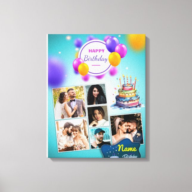 Birthday Photo Collage Stretched Canvas Print (Front)