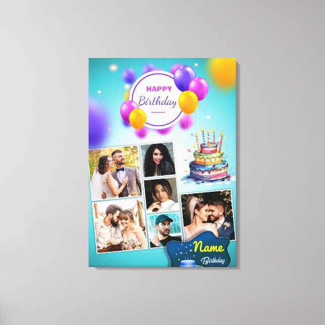 Birthday Photo Collage Stretched Canvas Print (Front)