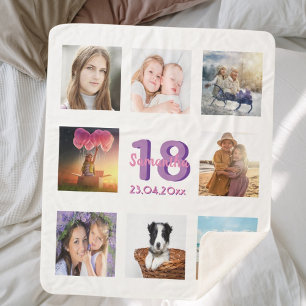 Birthday photo collage white purple name sherpa blanket