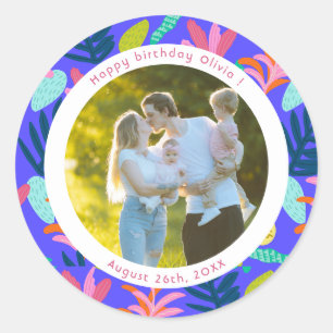 Birthday photo colourful modern floral blue Sticke Classic Round Sticker