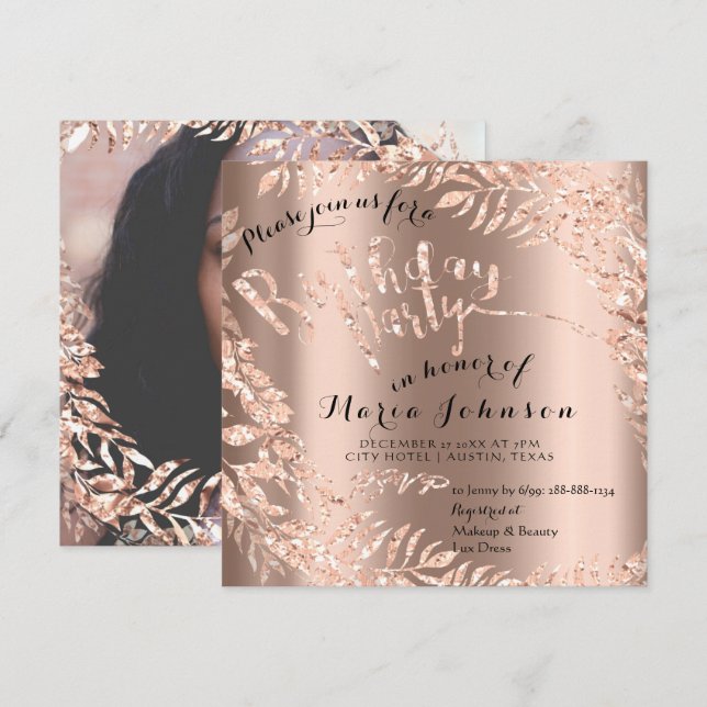 Birthday Photo Floral Framed Rose Gold Royal Invitation (Front/Back)