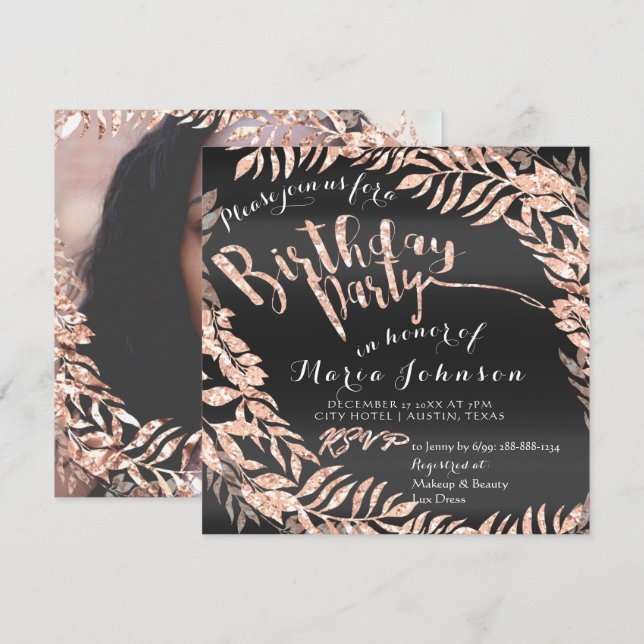 Birthday Photo Framed Rose Gold Black Royal Invitation (Front/Back)