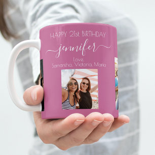 Birthday photo friends names dark pink coffee mug