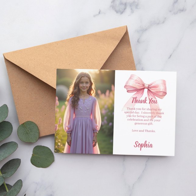 Birthday photo girl pink bow white thank you card (Creator Uploaded)