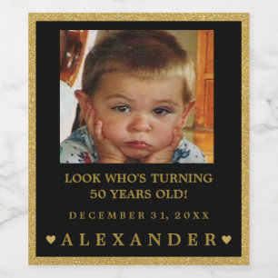 Birthday Photo Gold Glitter Look Champagne or Wine Label