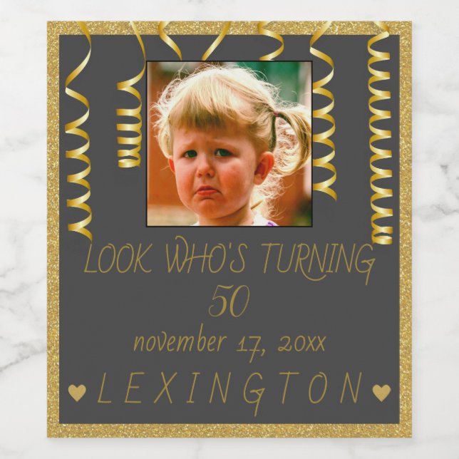Birthday Photo Gold Glitter Look Sparkling Wine or Wine Label (Single Label)