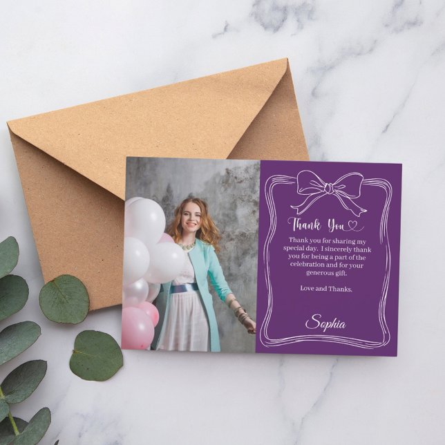 Birthday photo hand-written bow purple thank you card (Creator Uploaded)