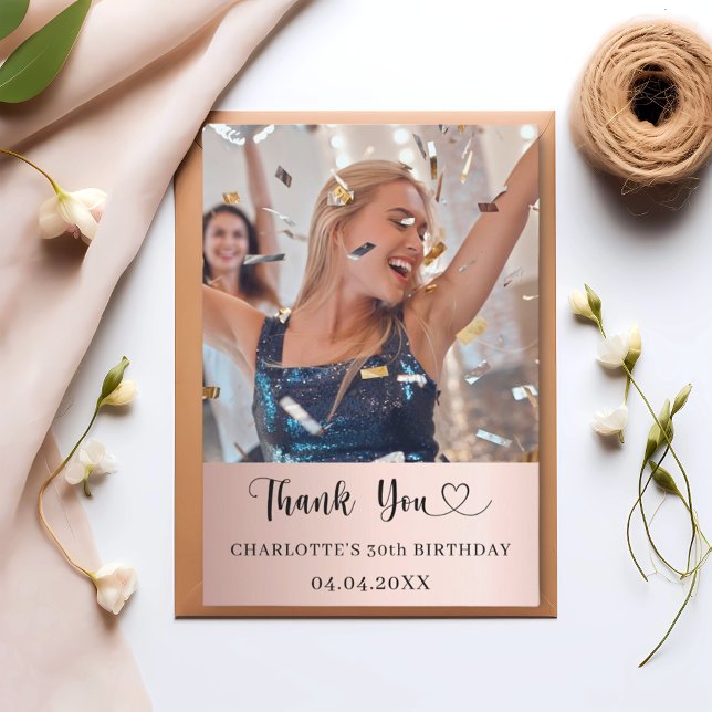 Birthday photo heart rose gold thank you card (Creator Uploaded)