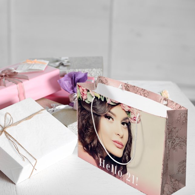 Birthday photo hello 21 rose gold glitter large gift bag (Creator Uploaded)